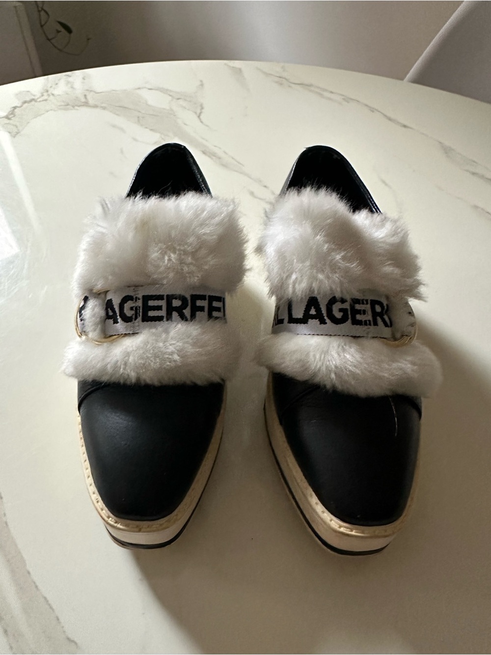 Karl Lagerfeld Black Leather Mules with White Fur Trim